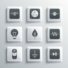 Set Electrical symbol ground, Diode in electronic circuit, Resistor, Leaf Eco, Battery charge, Creative lamp light idea, DC voltage source and Ohmmeter icon. Vector