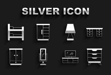 Set Big full length mirror, Office desk, Furniture nightstand, TV table, Wardrobe, Table lamp, Bunk bed and icon. Vector