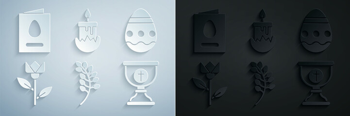Set Willow leaf, Easter egg, Flower tulip, Christian chalice, Burning candle and Greeting card with Happy icon. Vector