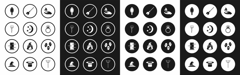 Set Hand holding a fire, Moon stars, Magic staff, hand mirror, stone ring with gem, Witches broom, runes and Trunk for magic tricks icon. Vector