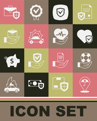Set Umbrella, Lifebuoy in hand, insurance with shield, Shield, Car accident, Hand holding briefcase, Briefcase and icon. Vector