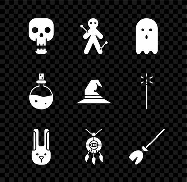 Set Skull, Voodoo Doll, Ghost, Rabbit With Ears, Dream Catcher Feathers, Witches Broom, Bottle Love Potion And Hat Icon. Vector