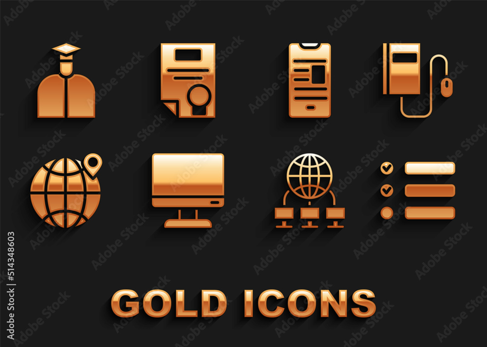 Poster set computer monitor screen, electronic book with mouse, task list, network, location the globe, onl