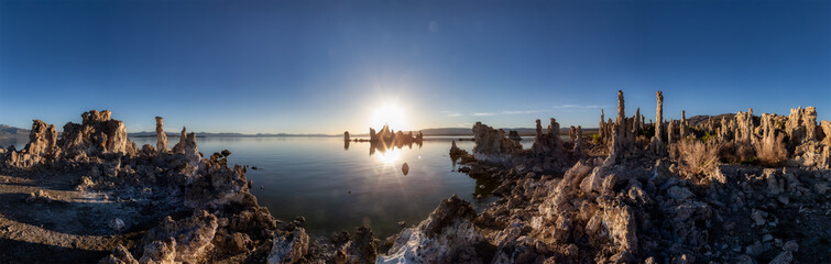 Tufa towers rock formation in Mono Lake. Sunny Sunrise. Located in Lee Vining, California, United...