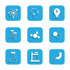 Set Molecule, Test tube flask on stand, Bacteria, Chemical formula, Lightning bolt and Atom icon. Vector