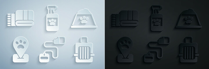 Set Retractable cord leash, Pet food bowl, Location pet grooming, carry case, shampoo and Towel stack icon. Vector