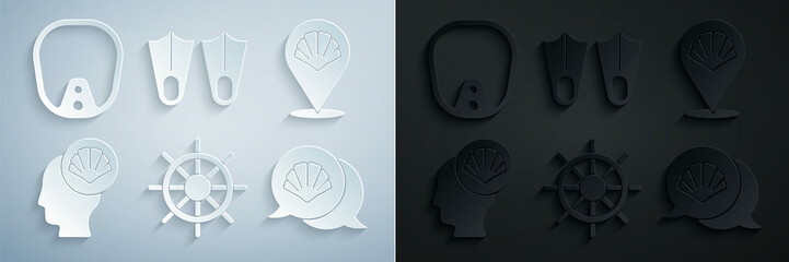 Set Ship steering wheel, Scallop sea shell, Rubber flippers and Diving mask icon. Vector © Oksana