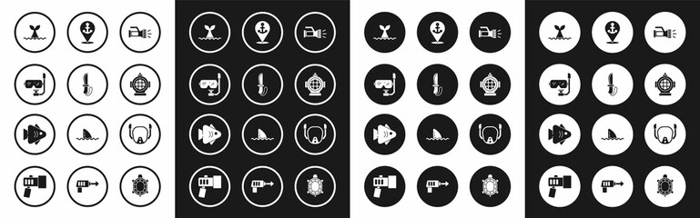 Set Flashlight, Knife, Diving mask and snorkel, Whale tail ocean wave, Aqualung, Location with anchor, and Fish icon. Vector