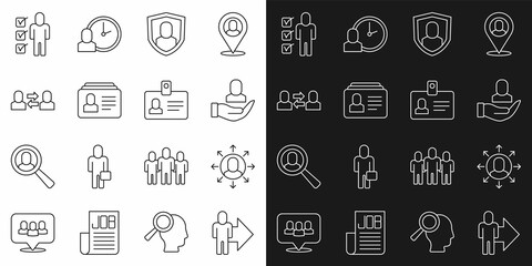 Set line Leader of a team of executives, Multitasking manager working, Worker, User protection, Resume, Exchange, and Identification badge icon. Vector