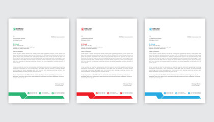 Professional company business a4 size clean and modern letterhead design template. Modern elegant green, blue and red color letterhead bundle design