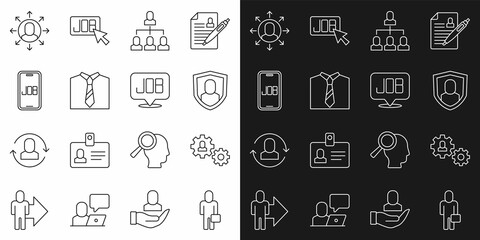 Set line Businessman, Human with gear, User protection, Employee hierarchy, Tie, Search job, Multitasking manager working and icon. Vector