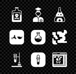 Set Poison in bottle, Laboratory assistant, Test tube flask fire, Pipette, Chemical online, Broken and and icon. Vector