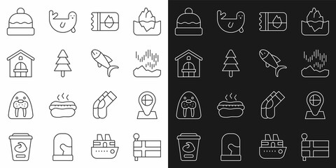 Set line Flag of Iceland, Location flag, Northern lights, Ticket in, Tree, Farm house, Beanie hat and Fish icon. Vector