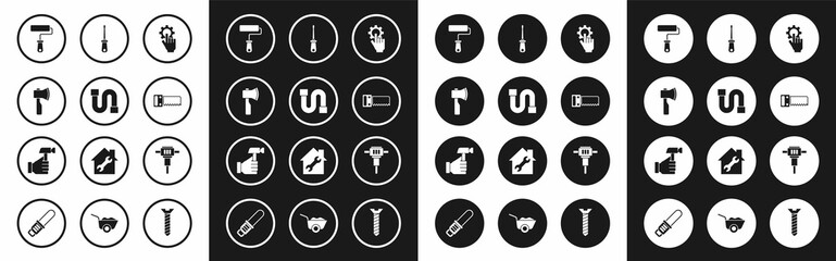 Set Settings in the hand, Industry pipe, Wooden axe, Paint roller brush, Hand saw, Screwdriver, Construction jackhammer and Hammer icon. Vector