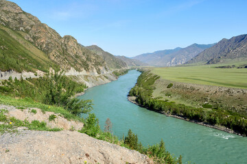 Fototapeta na wymiar Panoramic view of the Katun River valley in the gorge of Ongudansky district, Altai.