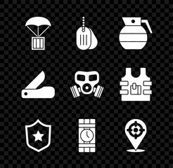 Set Airdrop box, Military dog tag, Hand grenade, reward medal, Dynamite timer clock, Target sport, Swiss army knife and Gas mask icon. Vector