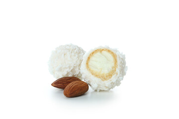 Concept of tasty sweets, coconut candies, isolated on white background