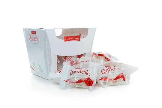 Odessa, Ukraine - 20.10.2021: Tasty Raffaello candies isolated on white background