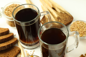 Concept of fresh drink, kvass, close up