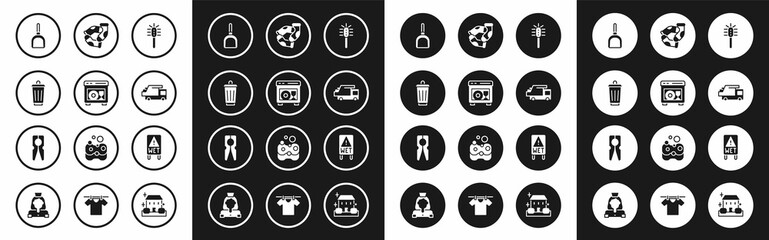 Set Toilet brush, Dishwasher machine, Trash can, Dustpan, Garbage truck, Socks, Wet floor and Clothes pin icon. Vector