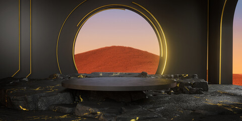 3d rendering of display stand and abstract empty room.