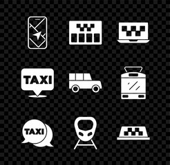 Set City map navigation, Taximeter, Laptop call taxi service, telephone, High-speed train, car roof, Location with and Car icon. Vector