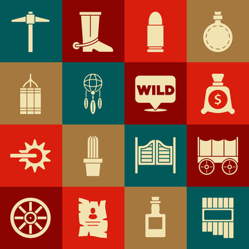 Set Pan flute, Wild west covered wagon, Money bag, Bullet, Dream catcher with feathers, Dynamite bomb, Pickaxe and Pointer to wild icon. Vector