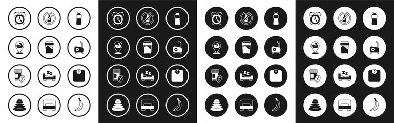 Set Bottle of water, Glass with, Bodybuilder muscle, Alarm clock, Stationary bicycle, No alcohol, Bathroom scales and Vitamin pill icon. Vector