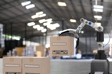 Obraz premium Robot arm Object for manufacturing industry technology Product export and import of future Robot cyber in the warehouse by hand mechanical future technology