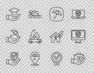 Set line Shield in hand, Travel suitcase, Umbrella, Education grant, Burning car, Approved check mark and Insurance online icon. Vector