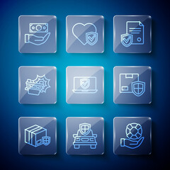 Set line Delivery security with shield, Car insurance, Lifebuoy hand, Contract, Insurance online, accident, Money and icon. Vector