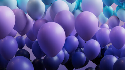 Colorful Carnival Background, with Blue, Violet and Turquoise Balloons. 3D Render.