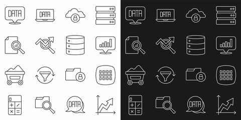 Set line Financial growth, Binary code, Pie chart infographic, Cloud computing lock, Search data analysis, Document with, Data and Server icon. Vector