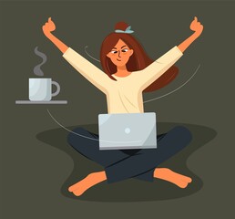 The girl works, studies successfully. Happy woman with laptop celebrating victory by raising her hands in a joyful gesture. Student education and success emotions concept Vector flat style in the dark
