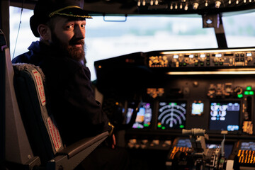 Portrait of aviator sitting in captain cabin ready to fly airplane with dashboard command buttons...