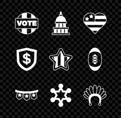 Set Vote, White House, USA Independence day, Carnival garland with flags, Hexagram sheriff, Indian headdress feathers, Shield dollar and icon. Vector