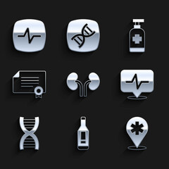Set Human kidneys, Digital thermometer, Location hospital, Heart rate, DNA symbol, Certificate template, Antibacterial soap and icon. Vector