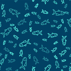 Green line Fish icon isolated seamless pattern on blue background. Vector