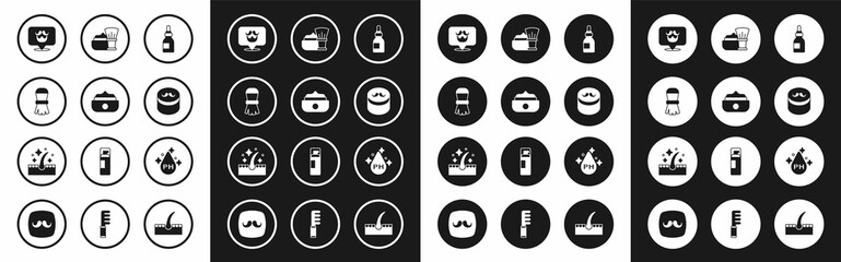 Set Oil bottle, Gel or wax for hair styling, Shaving brush, Barbershop, with foam, care treatment and icon. Vector