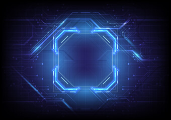 Abstract hardware and software background. Circuit board, frame, Chip processor, Mainboard and code programmer. Computer HUD tech. Pixels screen and database coding. Blue neon lighting effect