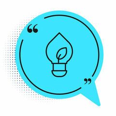 Black line Light bulb with leaf icon isolated on white background. Eco energy concept. Alternative energy concept. Blue speech bubble symbol. Vector