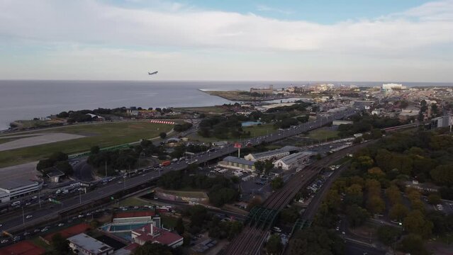 Airplane taking off from Jorge Newbery Airport, aerial view