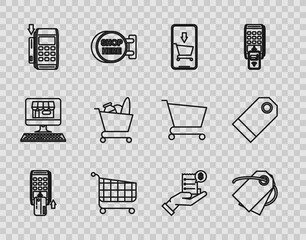 Set line Pos terminal with inserted credit card, Blank label template price tag, Mobile phone and shopping cart, Shopping, food, Human hand holding blank receipt or bill for payment and icon. Vector