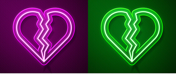 Glowing neon line Broken heart or divorce icon isolated on purple and green background. Love symbol. Happy Valentines day. Vector