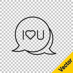 Black line Speech bubble with text I love you icon isolated on transparent background. Valentines day. Vector