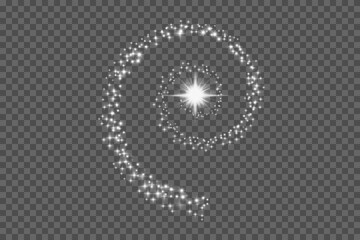 Abstract vector magic glow star light effect. Sparkling dust star trail with bokeh. Special sequins christmas effect on transparent background