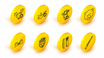 Set line Hunting gun, Bow and arrow quiver, Deer head with antlers on shield, Trap hunting, Bear, deer crosshairs, duck and moose icon. Vector