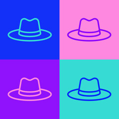 Pop art line Man hat with ribbon icon isolated on color background. Vector