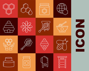 Set line Hive for bees, Bee, Honey dipper stick and bowl, Jar of honey, Flower, Honeycomb and with dripping icon. Vector