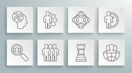 Set line Magnifying glass for search a people, Human with gear inside, Users group, Business strategy, Globe and, Project team base, Time Management and head puzzles icon. Vector